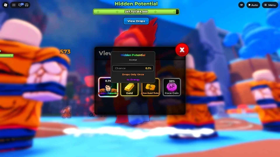 The View Drops panel for Hidden Potential — 0.1% avatar chance, plus Gold, an Alien Raid Ticket, and a 20% Race Coin