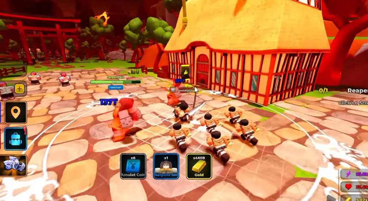 Farming drops in the final world — Amulet Coins and a Serpent Sin drop alongside the Gold haul