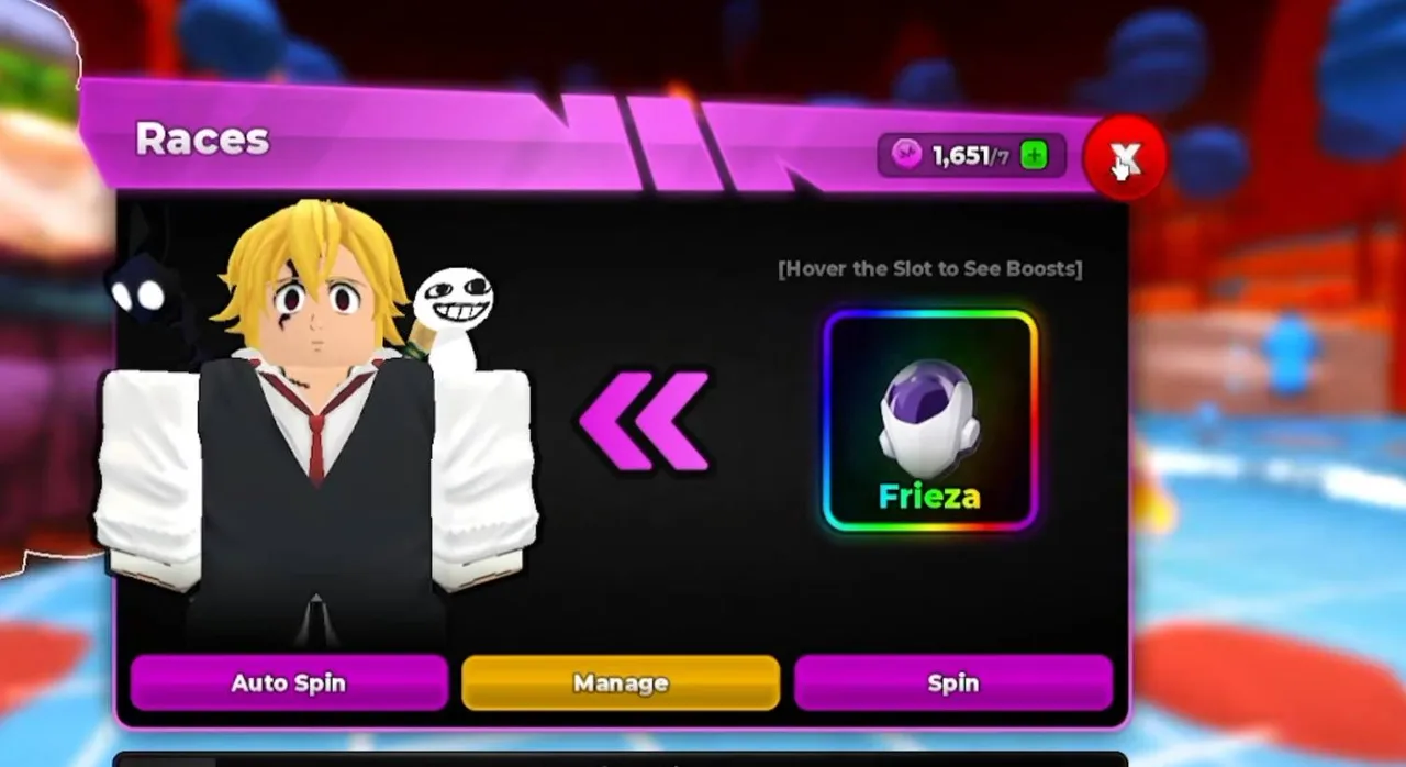 The Races gacha window — a Frieza race roll in progress, with Auto Spin, Manage, and Spin buttons and the coin counter at the top